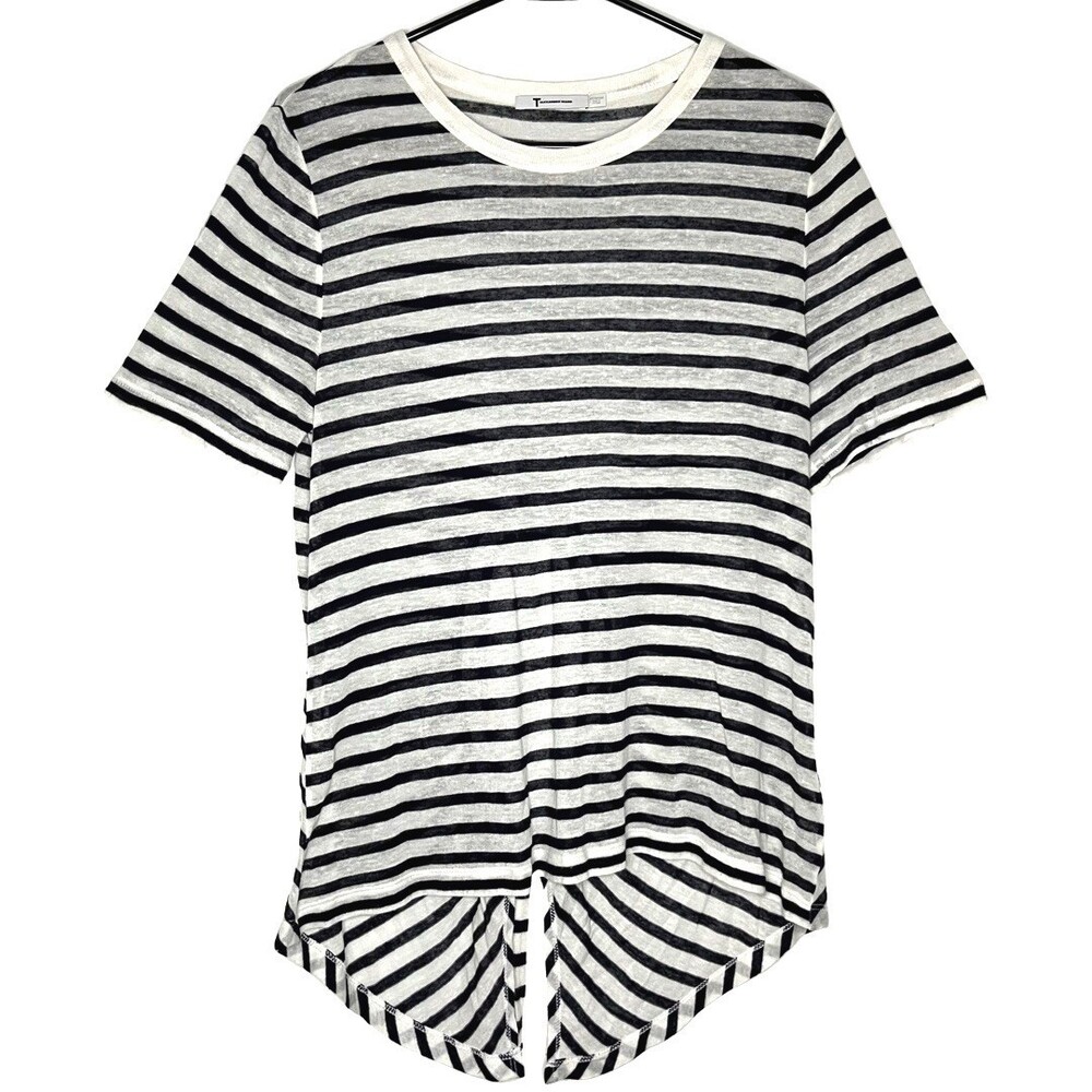 T by Alexander Wang Womens Top Medium Stripe Slub Viscose Linen Short Sleeve Tee